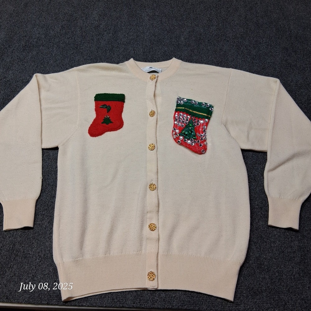 Vintage Ballantine‎ Merino Wool Sweater Christmas Cardigan Size 38 Creme